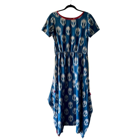 Yell Boho Linen Ikat Print Harem Drop Crotch Jumpsuit Blue Relaxed Festival M - Picture 1 of 12